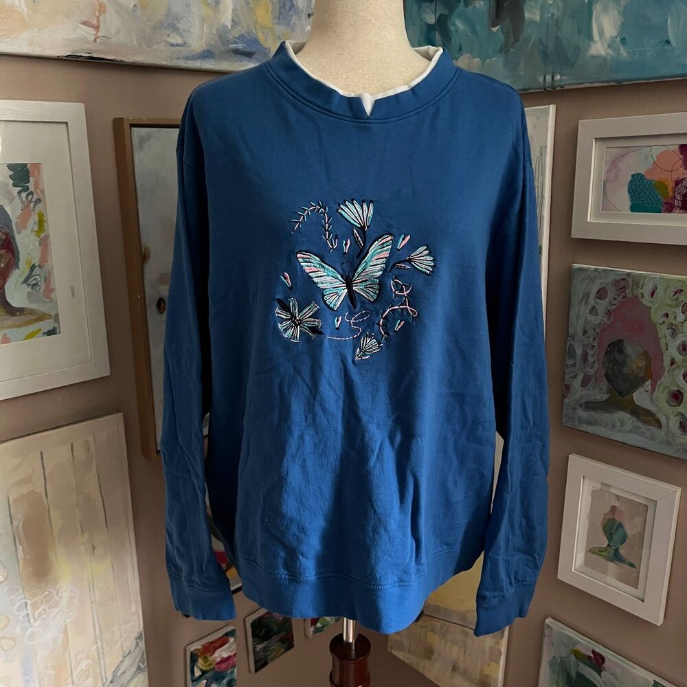 Gold Coast Blue Butterfly Embroidered Sweatshirt XXL Cotton Cozy‎ Pullover Fairy